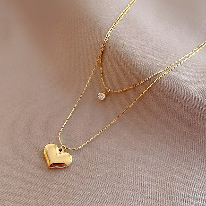 DAIHE Retro Fashion 18k Gold Plated Double Layer Necklace Heart Charm Zircon Necklace