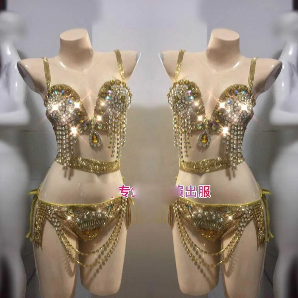 Golden flash diamond fringed bra Bra underwear set belly dance model clothes Samba  clothes music festival sexy costume