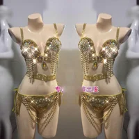 

Golden flash diamond fringed bra Bra underwear set belly dance model clothes Samba clothes music festival sexy costume