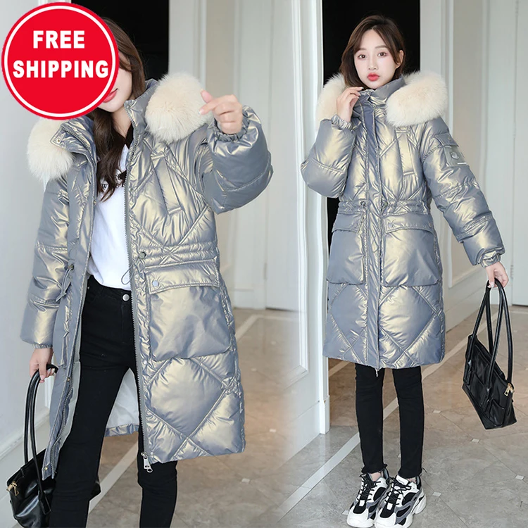 

New style hooded bright cotton women coats jackets mid length loose down coat women