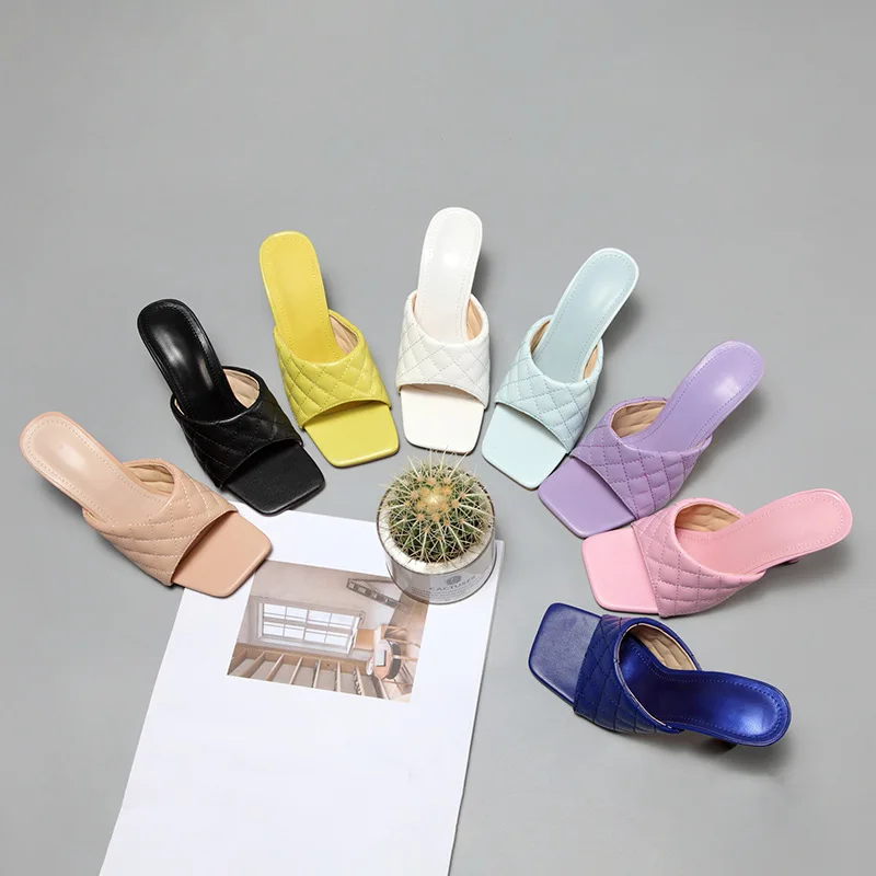 

Dropshipping shoes fashion large size high heel slipper sandals wholesale square toe pumps heels, White, yellow, black, purple, pink, light-blue, navy, apricot