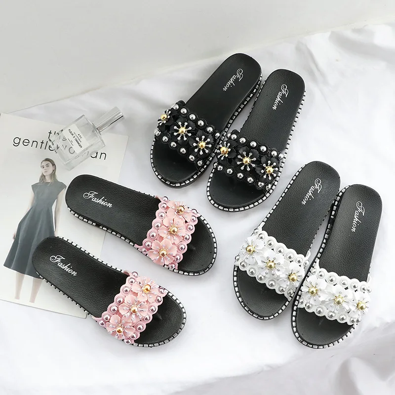 

Rhinestone Pearl flowers upper sandals women PVC non-slip summer sandals