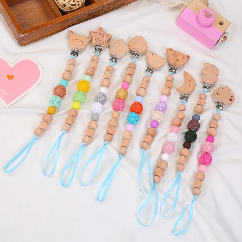 

BPA-Free Baby Teether Toys Crochet Nature Beech Wood Bead Baby Feeding Pacifier Chain Clips