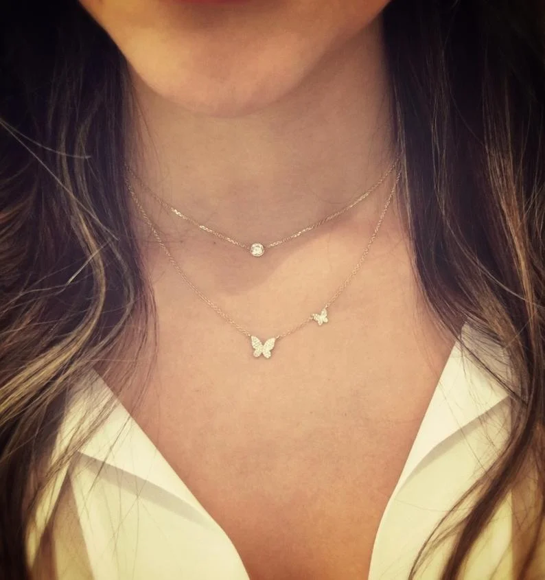 

cute lovely aminimal design micro pave cz 2pc butterfly charm necklace trendy women jewelry