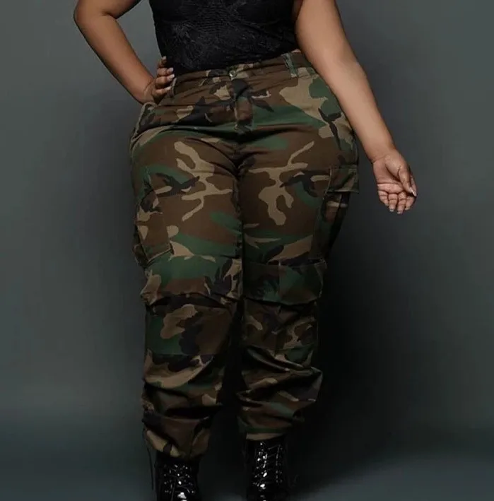 

Plus Size Women Clothing Fall 2020 Casual Sport Camouflage Plus Size Wide Leg Pants Cargo Pants Casual Pants Women Bottoms -HY, Army green
