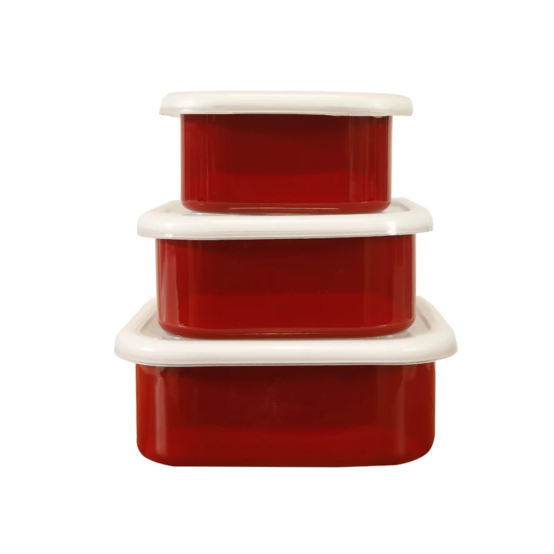 

Red enamel ice bowl for storage with plastic cover