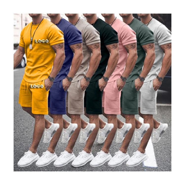 

YX 2021 Amazon hot selling clothing manufactuers custom logo  tracksuits men sport shorts set solid loose men sweat suit, Yellow, black, gray, green, blue