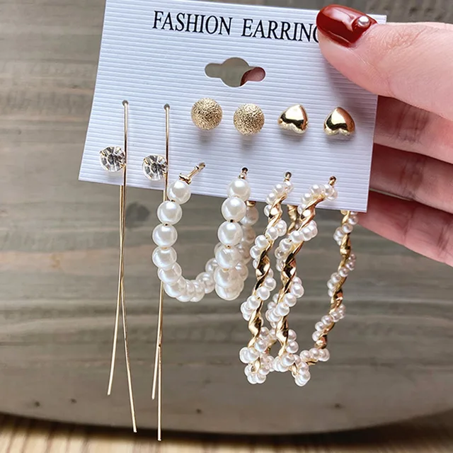 

Finetoo Trendy Gold Metal Earrings Set For Women Fashion Geometric Pearl Circle Drop Earrings 2021 Trend Set of Earrings Jewelry