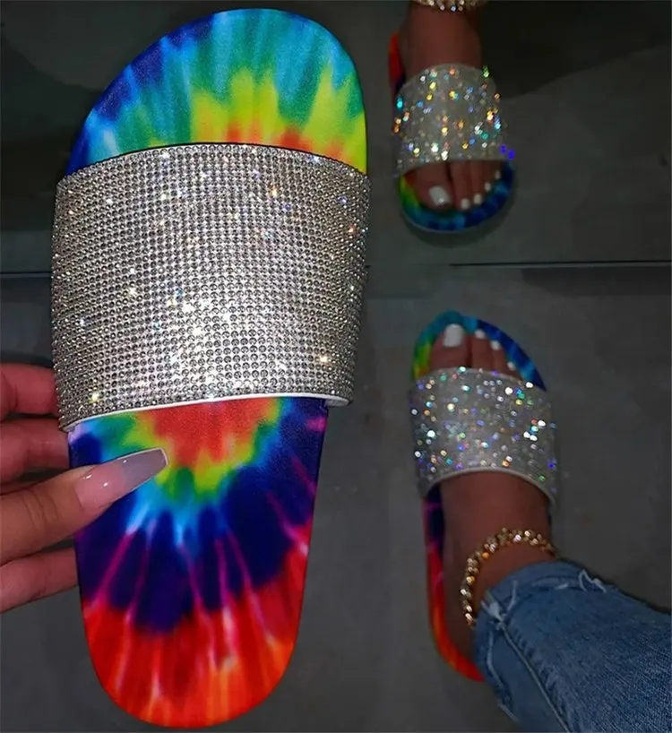 

Women and Ladies Rainbow Shiny Slippers with Diamond Rhinestone Sandals