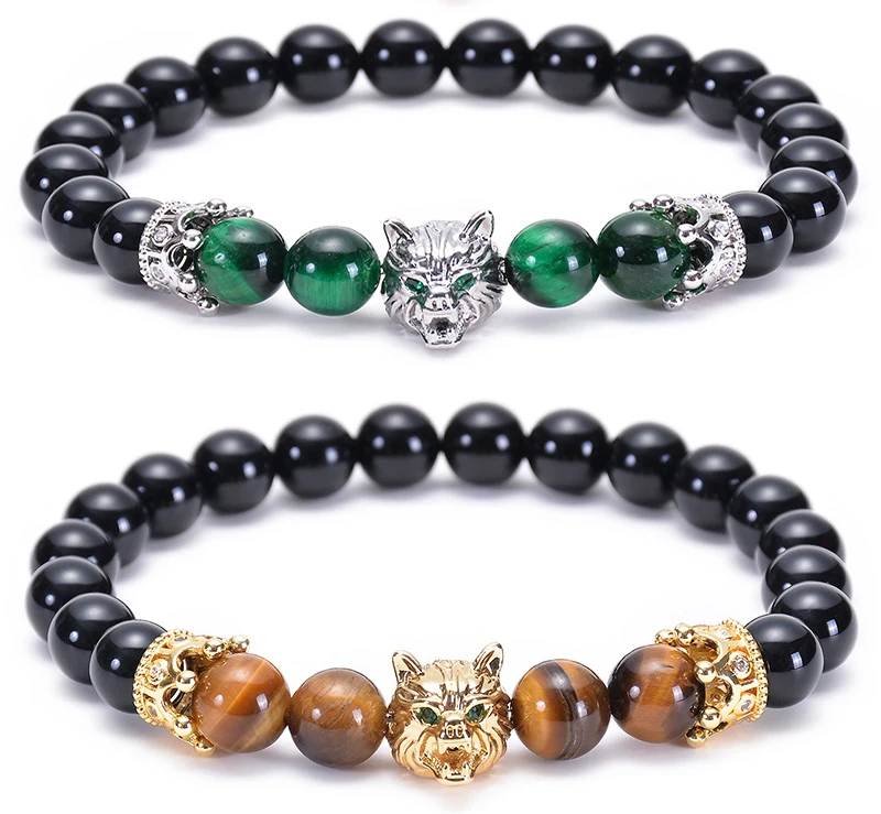 

2021 Natural Tiger Eye stone agate bracelet copper inlaid zircon Crown bracelet leopard head bracelet, Colorful