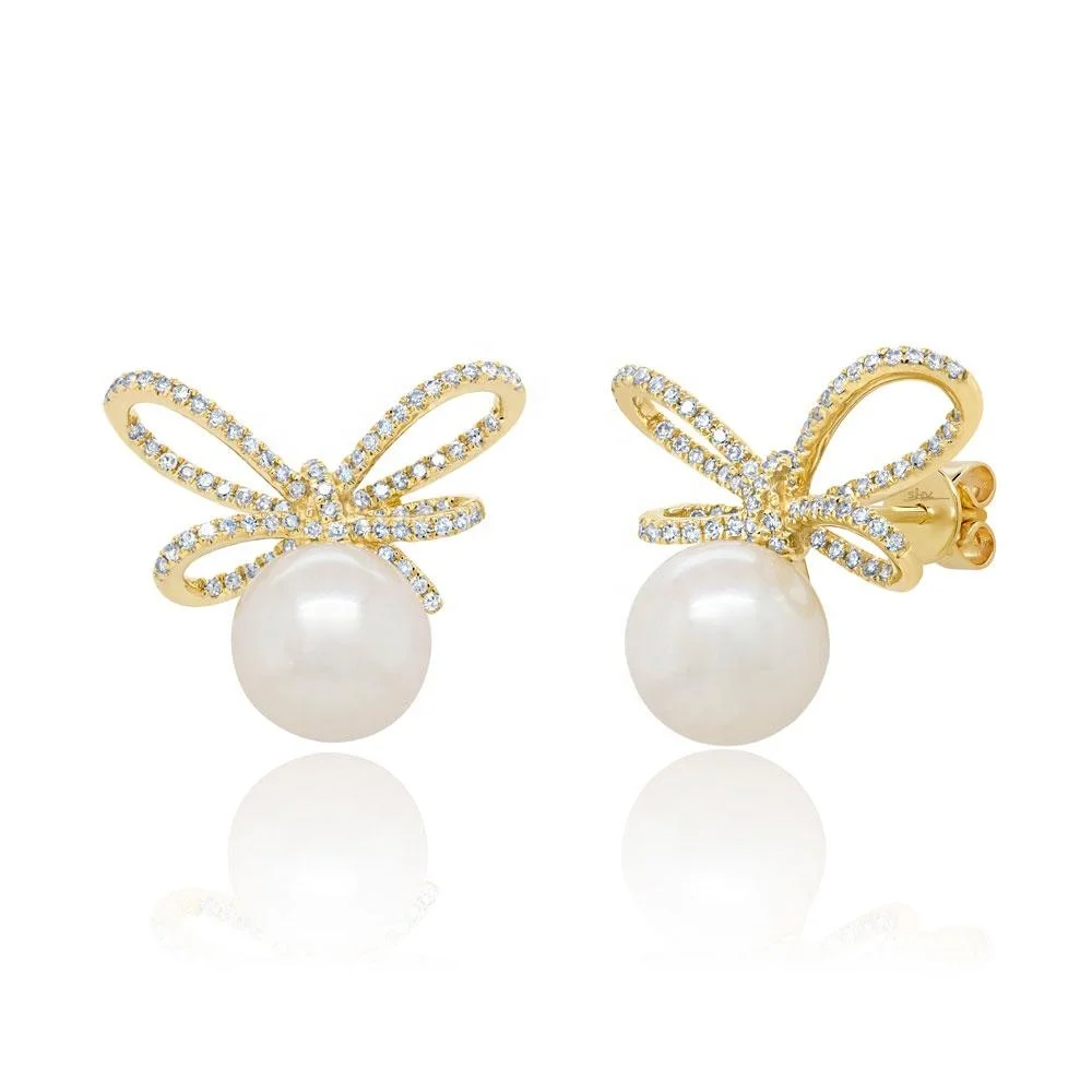 

cz bow tie stud earring with round pearl beads cute lovely girl women jewelry fashion, Picture