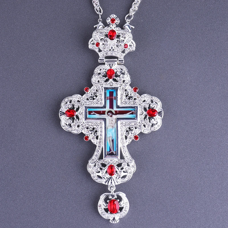 ZD019 Silver Plating Alloy Orthodox Pectoral Cross Necklace with Crystallized Stones Spiritual Gift for Church