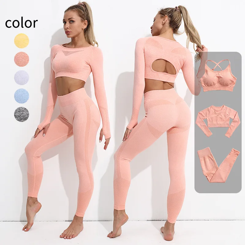 

Wholesale Custom 2022 Women Stretch Fitness Yoga Wear High Waist Long Sleeve Sexy Bra Leggings Seamless 3 Piece Yoga Sets