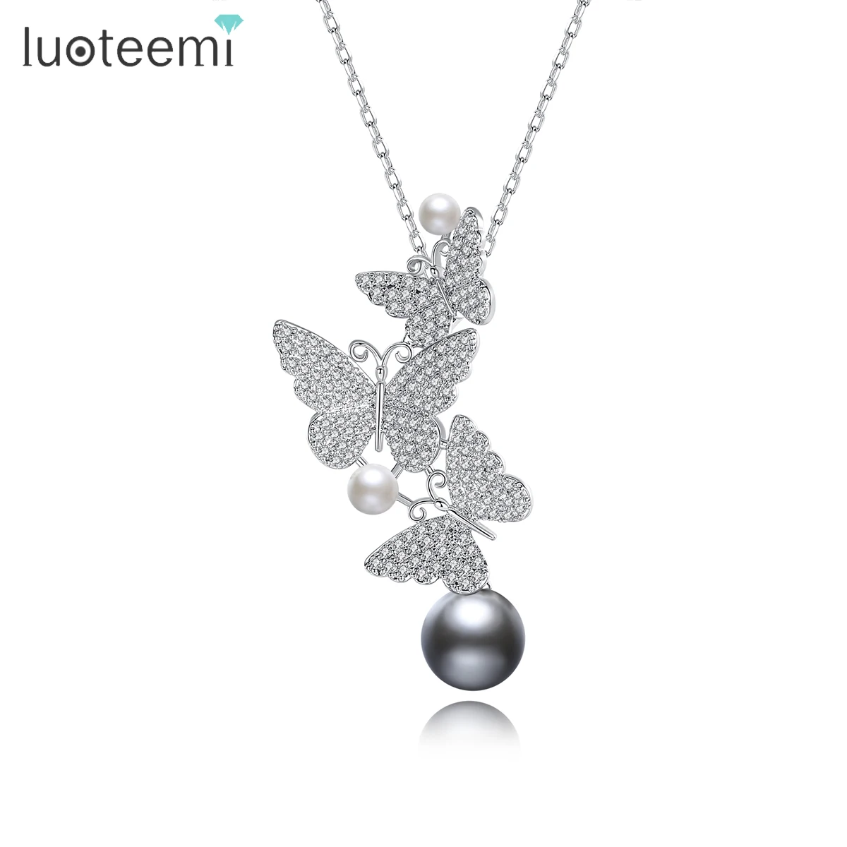 

LUOTEEMI Butterfly Choker Women Pearl Pendant Copper Diamond Crystal Butterfly Necklace