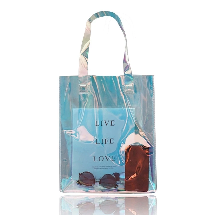 

Promotion Wholesale Transparent Clear Jelly Shoulder Handbag Laser Holographic Iridescent Pvc Shopping Tote Bag
