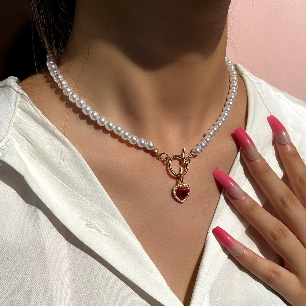 

Exquisite Imitation Pearl Toggle Clasp Necklace For Women Red Crystal Pave Love Heart Pendant Necklace, Gold plated