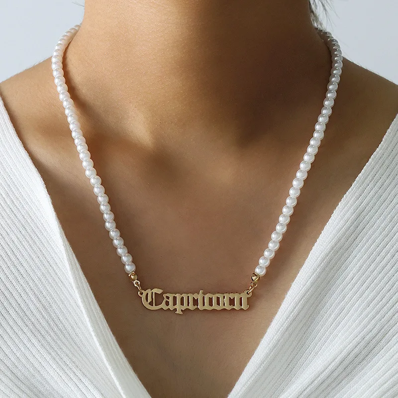 

18K Gold Plated White Imitation Pearl Choker Necklace Gold Letter Zodiac Sign Necklace for women