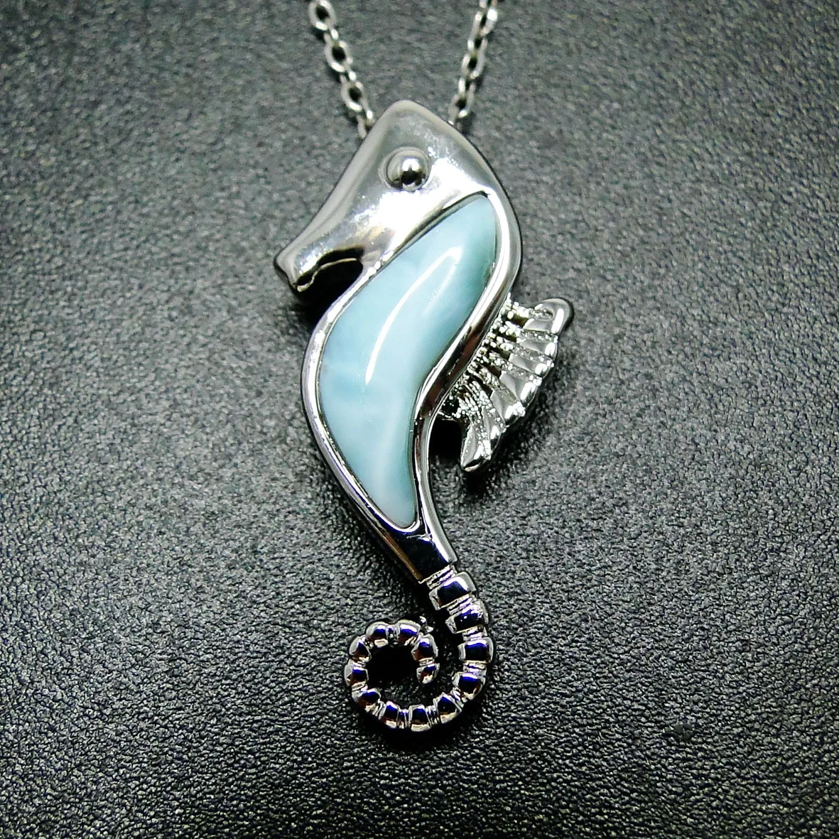 

925 Sterling Silver SeaLife Jewelry Natural Larimar Seahorse Pendant
