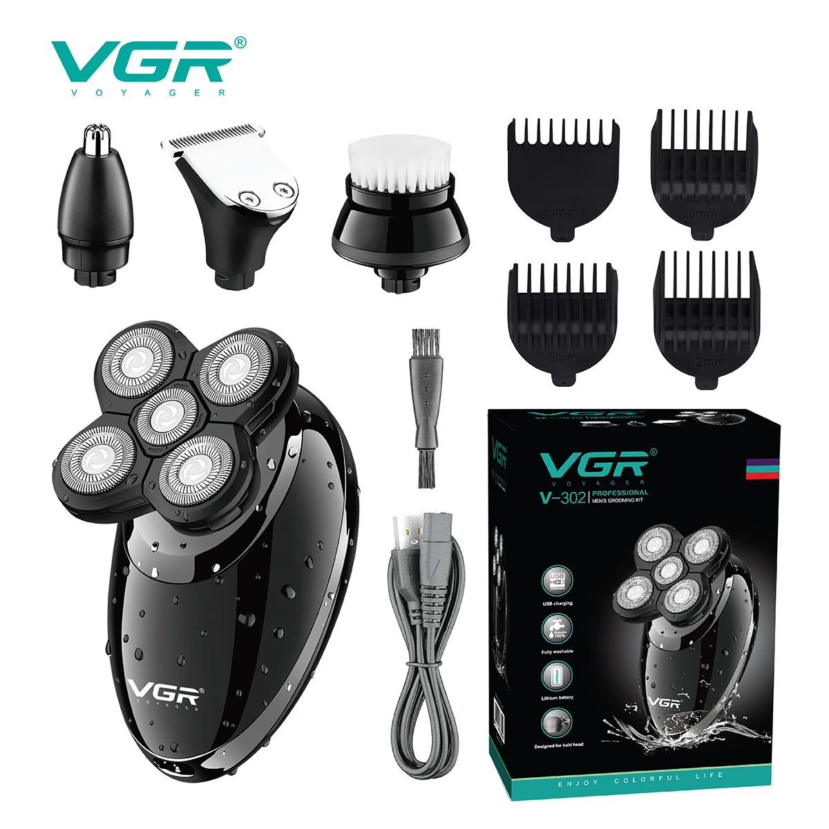 

VGR V-302 4 in 1 men grooming kit waterproof rechargeable beard shaver razor nose trimmer rotary electric shavers for men