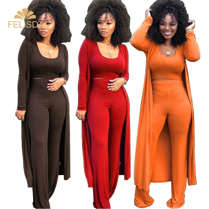 

2020 Autumn Winter Ribbed Cardigan 3 Pieces knitted Set Three Piece Set Women Clothing Crop Top High Waist Wide Leg Pants Set