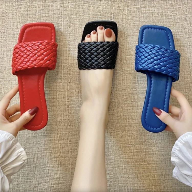 

Pu Slipper Trendy Colorful PU Weave Slides Slipper Square Toe Fashion Hot Sale China Beach for Women Rainbow Plaid Fashionable, As photo