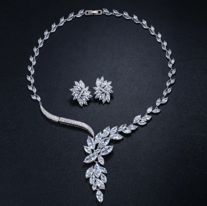 

selection cubic zirconia water drop flower necklace earring wedding jewelry set