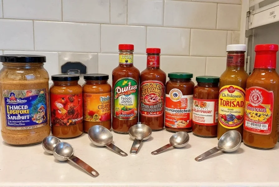 Various chili paste substitutes arranged on kitchen counter with measuring spoons