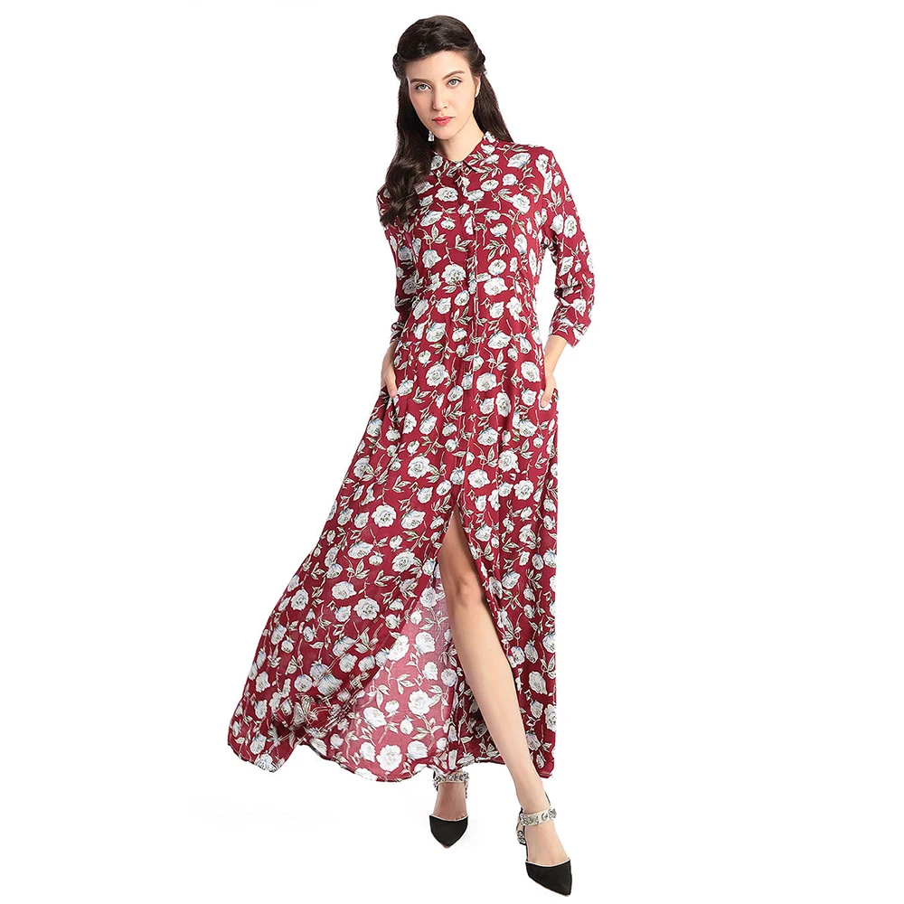 

Summer flower pakistan muslin women vintage pleated maxi dresses a line shirt robes loose boho red floral ladies casual dress, Wine red