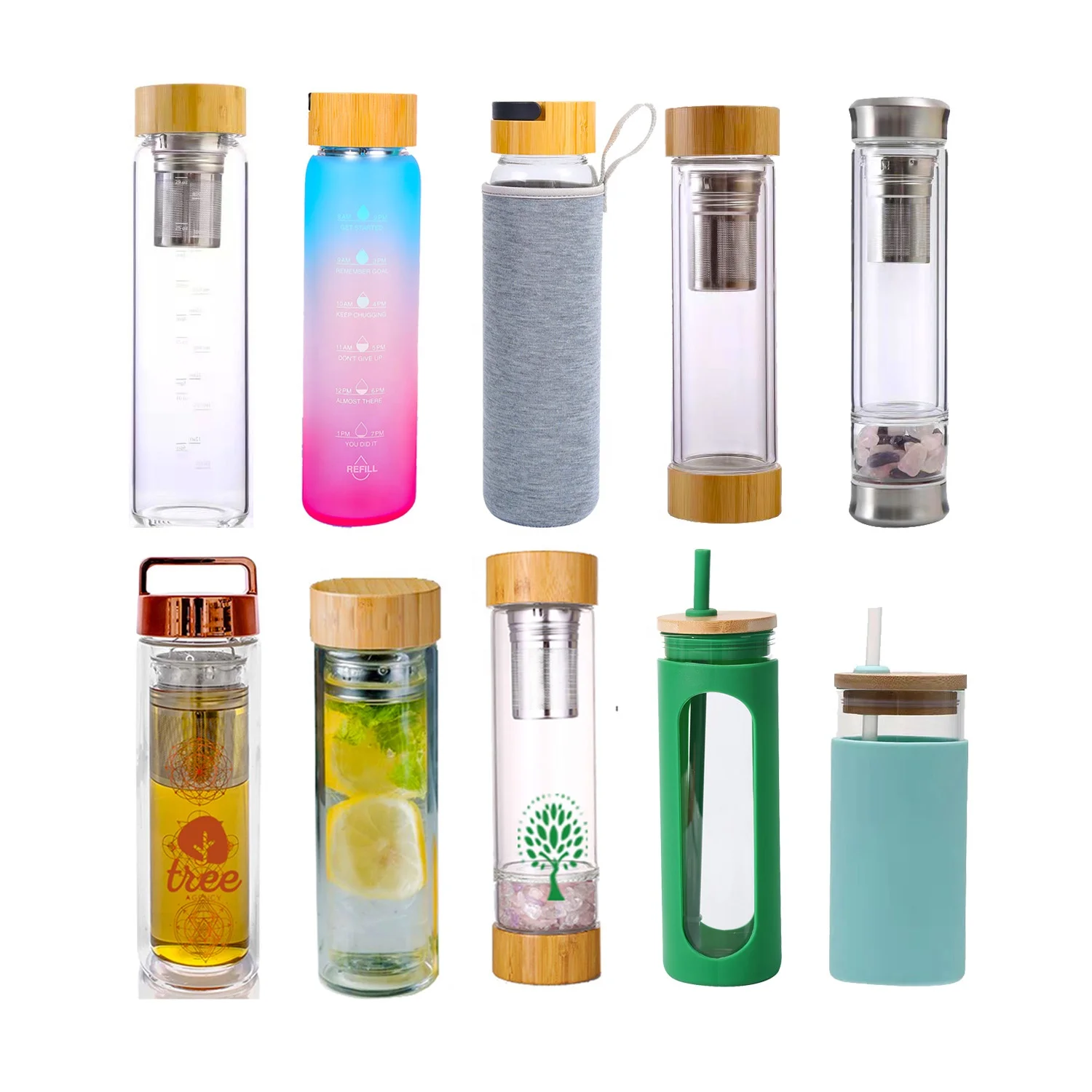 

450ml 500ml double wall Insulated borosiliicate glass tea fruit infuser water bottle tumblers cups with Leakproof bamboo lid, Silicone color