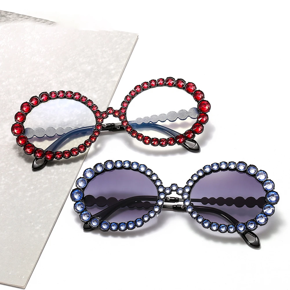 

Flash Diamond Colorful Popular 2022 2021 New Retro Trend Fashion UV 400 Custom Logo Ladies Oval Frame Sunglasses