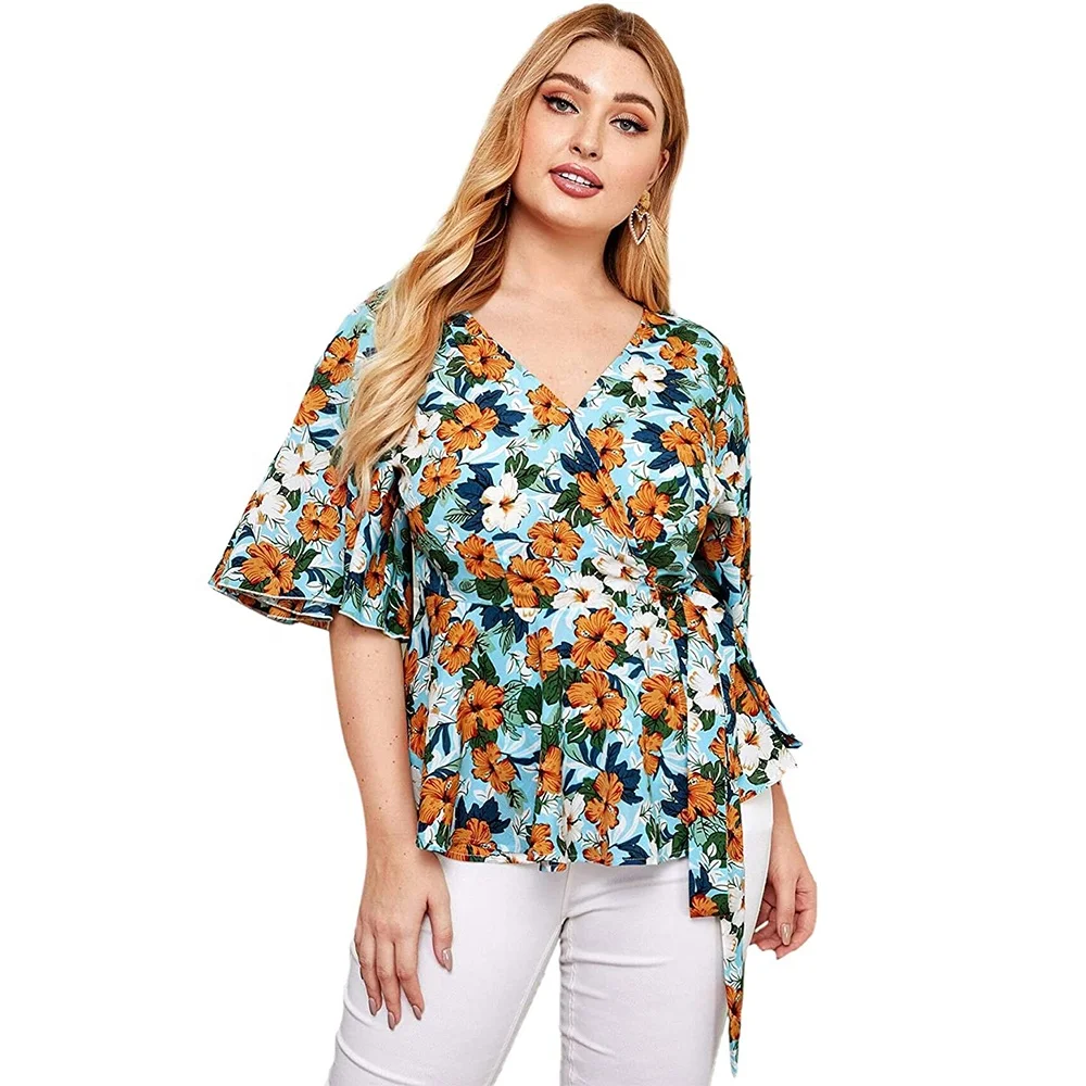 

Rayon material beautiful new casual floral top women oversized shirt blouses short sleeve for fat ladies