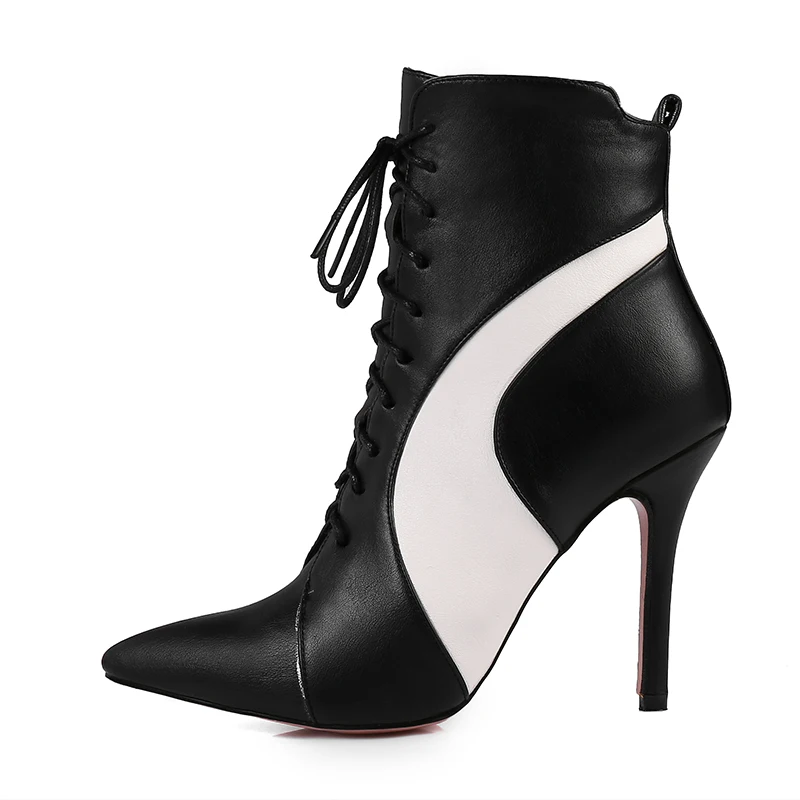 

Black White Lace Up Booties Women Patchwork Ankle Boots Pointed Toe Stiletto Heel Boots, White/black