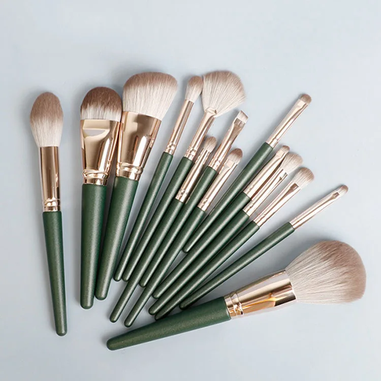 

Professional Custom Logo Private Label 14pcs Green Makeup Brush Sets With bag Synthetic Nylon Hair Makeup Brush Pincel Maquiagem