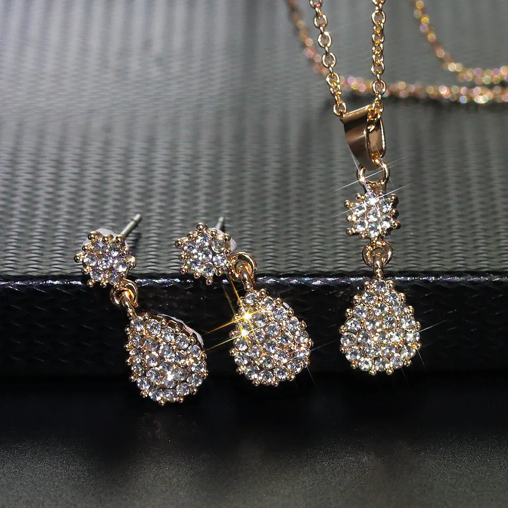 

Sparkling Diamond CZ Cubic Zirconia Waterdrop Jewelry Set Snowflake Waterdrop Crystal Wedding Necklace Earrings Set