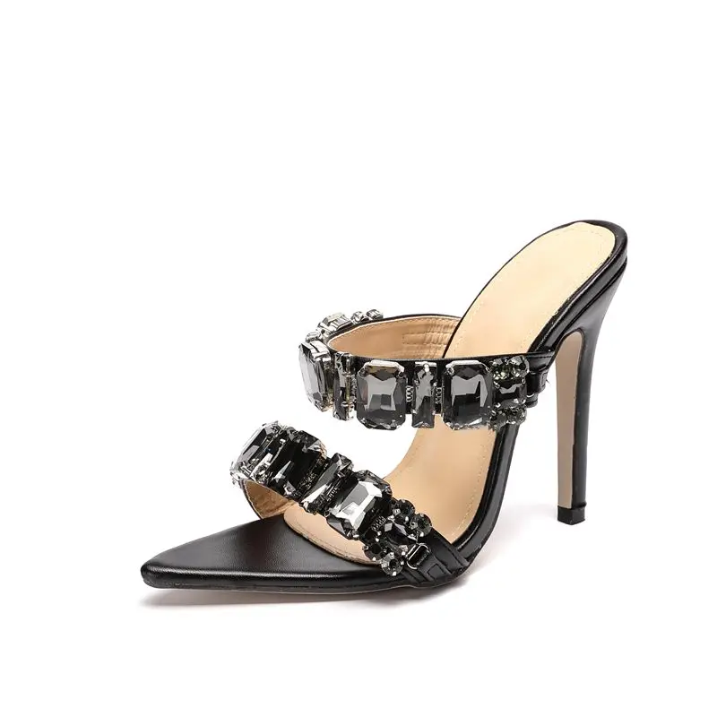 

Damen Schuhe Luxury Bling Rhinestone Open Toe Mules Trendy Shoes Sexy Sandals Ladies Heels with Plus Size 42, Black, beige