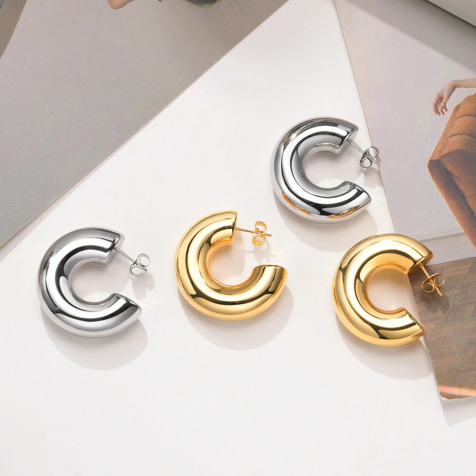 

Mirror polished C shape hoop earrings women stainless steel gold stud earring