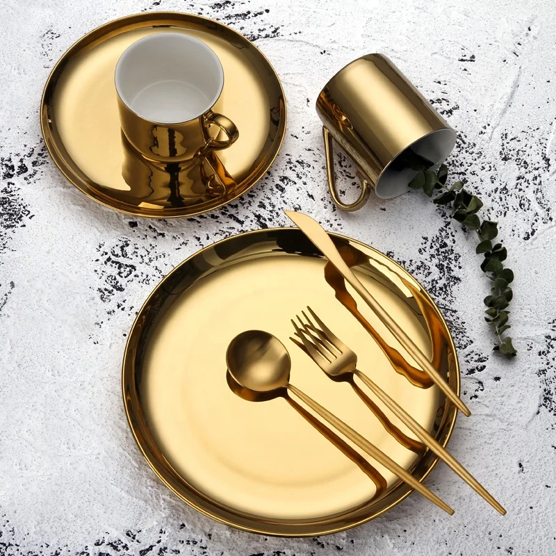 

Factory Direct Metal Texture Ceramic Tableware Fashion Spoon Mug Charger Plates Silver For Party Gold Dinnerware Sets Luxury, Silver gold