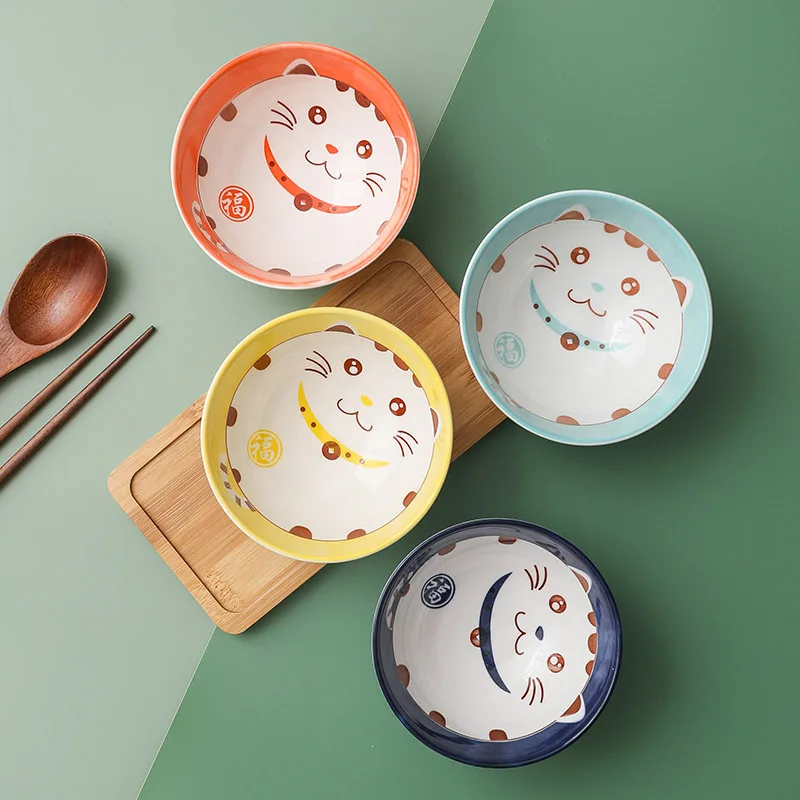 

Custom logo hand-painted lucky cat child nordic ceramic bowl tableware gift sets