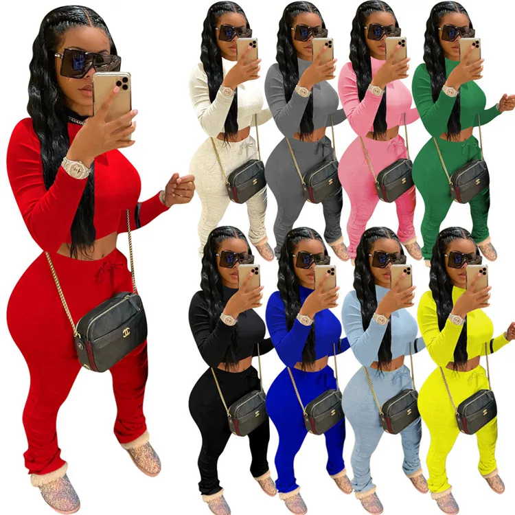 

2021 Trend Clothing Long Sleeve Crop Top Stack Joggers Women Stacked Leggings Pants Two Piece Set, Solid