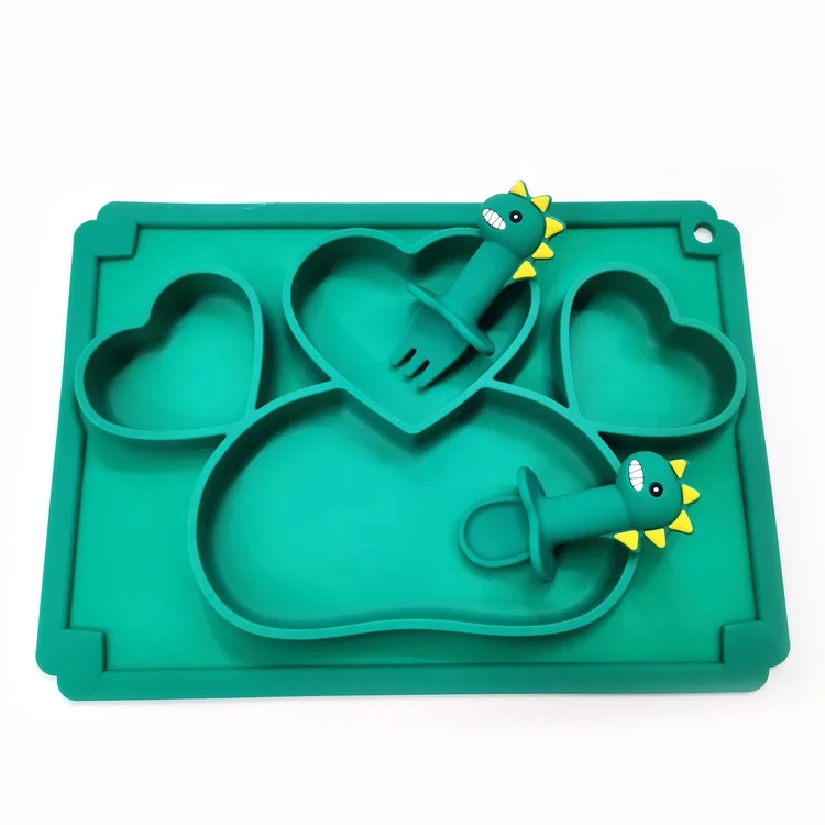 

NEW heart silicon plate set baby plates sets silicone feeding soft silicone plate set, Dark green
