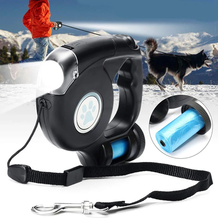 

OEM Factory Price LED Light flashlight retractable pet dog leash with flashlight and bag for walking, Red, yellow, black, blue and customsize color