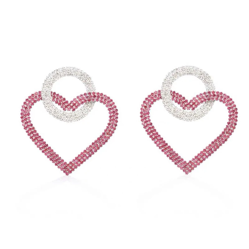 

Pink Color Big Hoop Heart Stud Crystal Earrings For Women, Picture