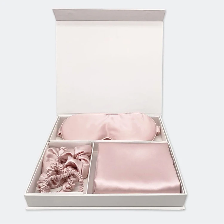 

16mm fashionable custom silk pillowcase set travel silk pillow case and eye mask scrunchie with box, Various colors can be customized