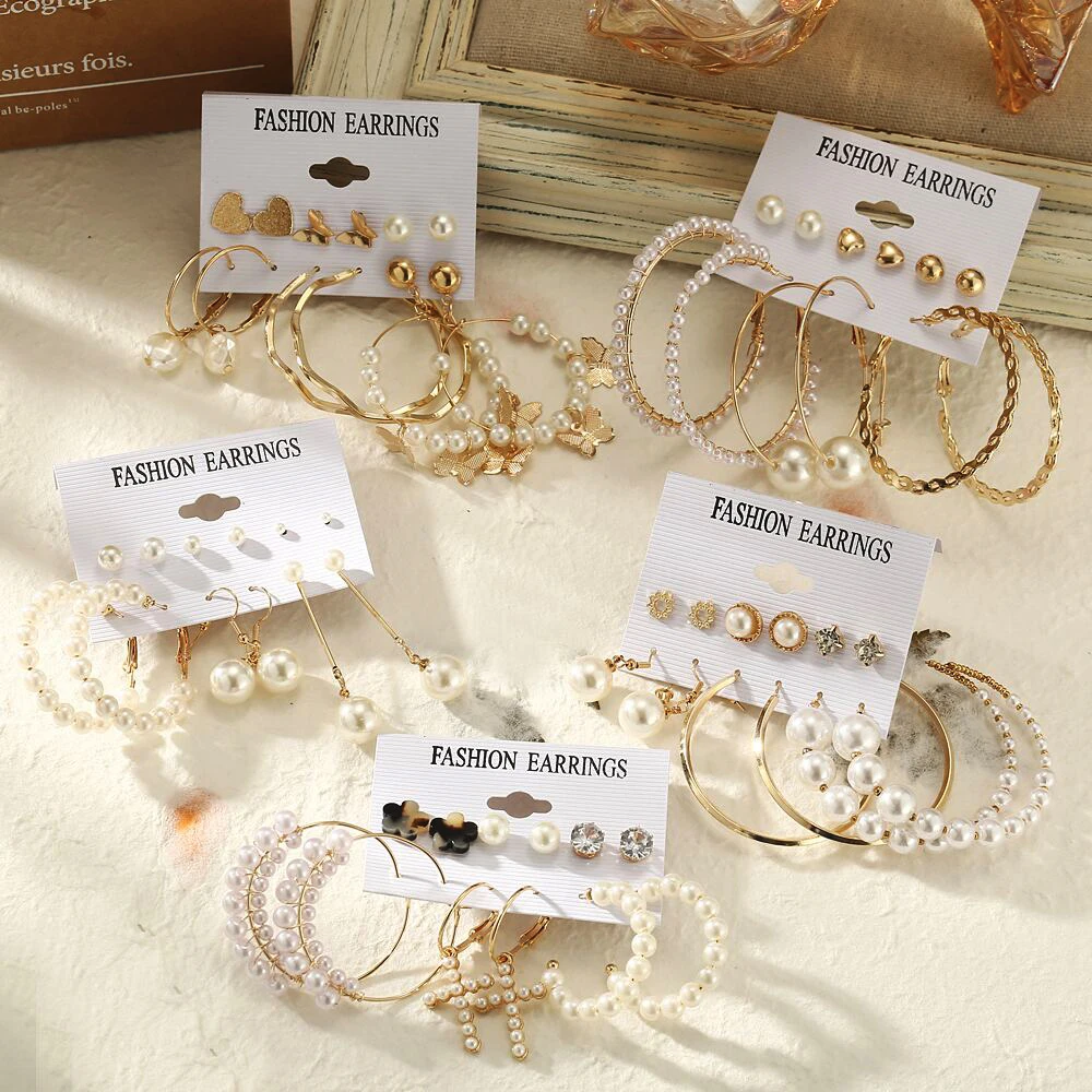 

luxury elegant zircon pearl earrings sets wholesale hoop earring women jewelry, Gold plated