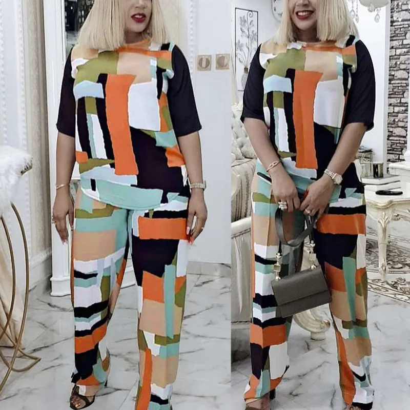 

African print wide legged pants loose coat casual suit two piece set, As showed