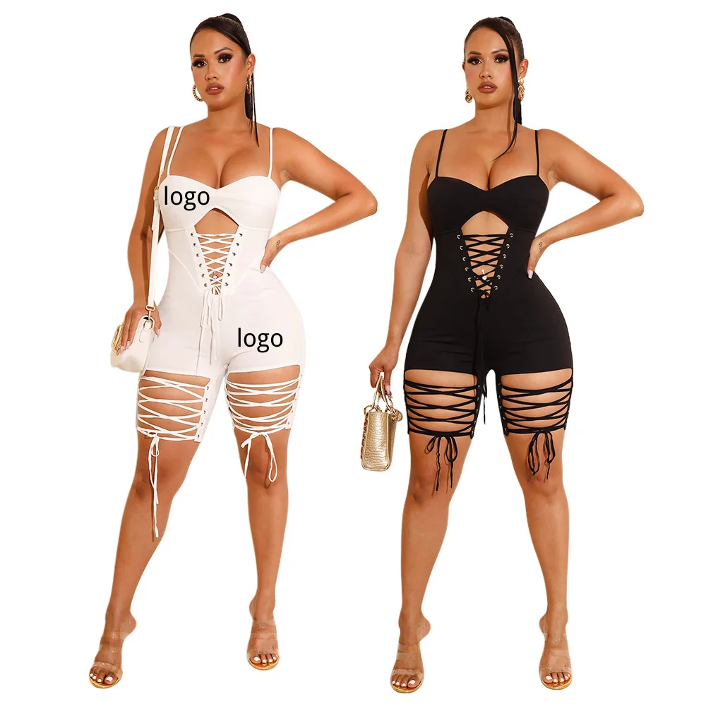 

Fashion Design Cami Jumpsuit Sexy Womens Playsuit Low Cut Hollow Out Lace Up Bodycon Sleeveless Short Spaghetti Strap Jumpsuit, Picture color