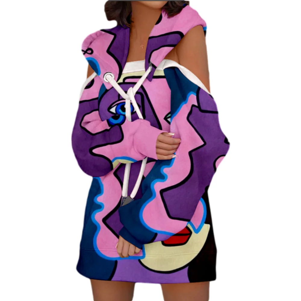 

Autumn and Winter Women's Print Velvet Mid-length Stitched Off-the-shoulder Hooded Long-sleeved Jacket