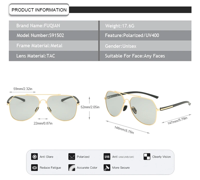 Popular Discolor Film Night Vision Polarized Glasses Men Women Pilot Memory Frame Driver Sunglasses