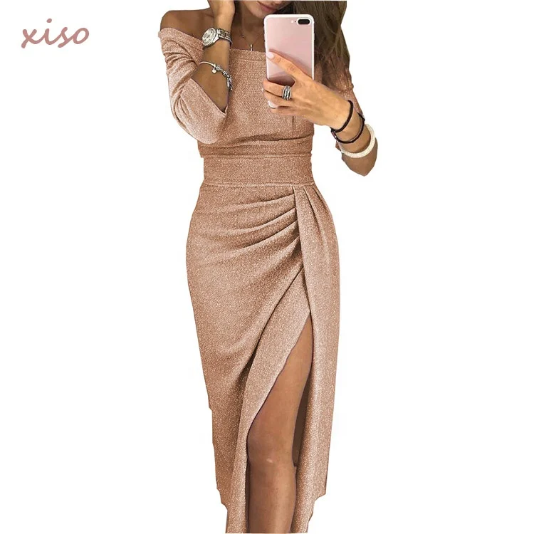 High Quality Dress Brands Women Off Shoulder High Slit Peplum Dresses Elegant Evening Party Dress