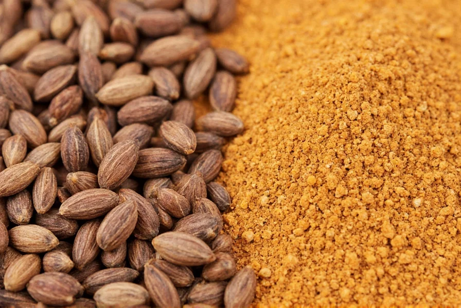 Close-up photograph of cumin seeds and ground cumin powder showing the visual difference between whole seeds and ground form